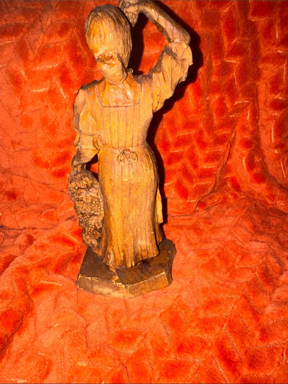 Vintage Hand-Carved Wooden Grape Harvest Lady Figurine / Wine Cellar Decor Art